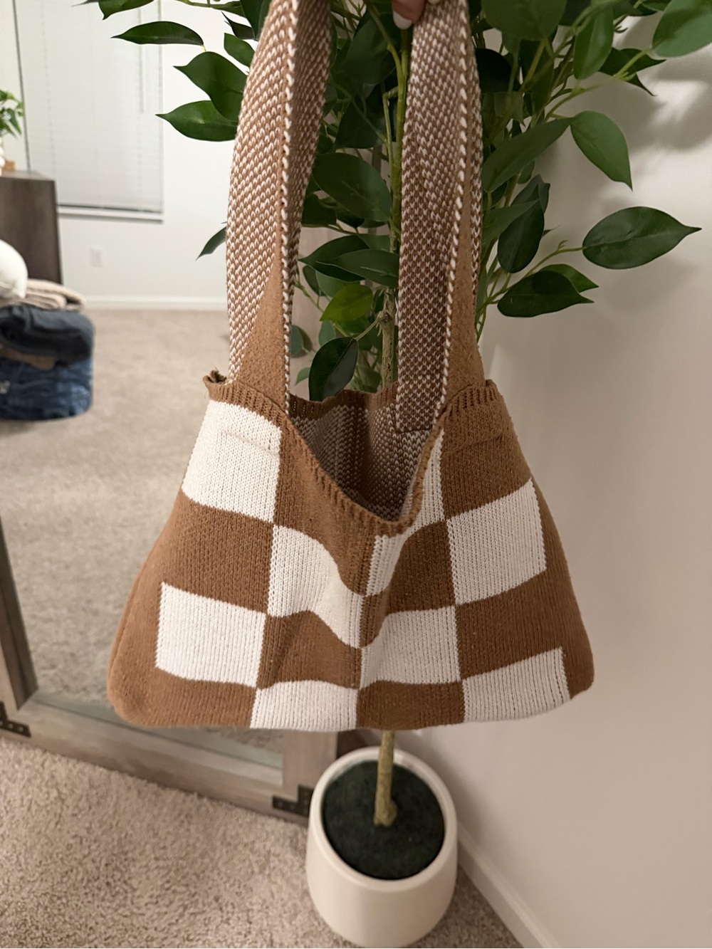 Urban Outfitters Brown & White Knitted Checker Tote